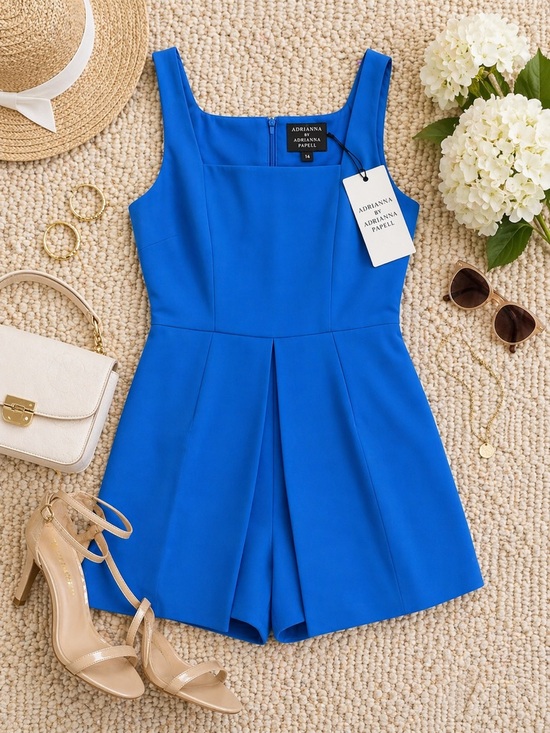Adrianna Papell Pants - Adrianna Papell ROMPER Blue Square Neck Crepe Size 12 NWT Vacation